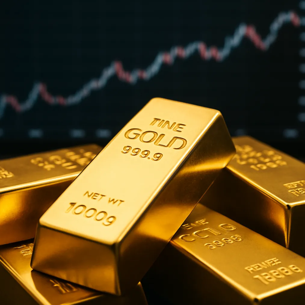 Barras de ouro empilhadas com gráfico de mercado ao fundo representando oscilações no preço do metal em 2025.