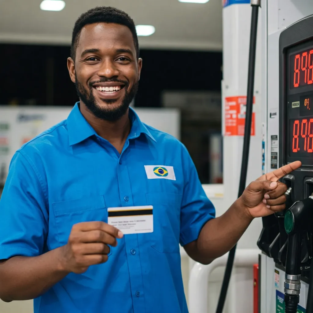 Um frentista sorridente, vestindo um uniforme azul com um pequeno adesivo da bandeira do Brasil no peito, está segurando um cartão de crédito em uma mão e apontando para o visor de uma bomba de gasolina com a outra. Ele parece feliz e satisfeito.