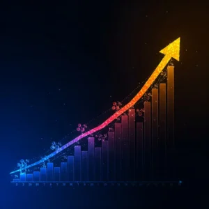Gráfico crescente simbolizando o crescimento financeiro com juros compostos, representando a rentabilidade de 15% ao ano, ideal para investidores iniciantes com baixa renda.