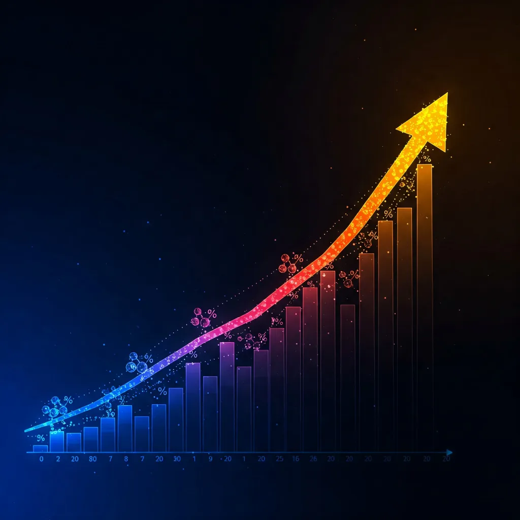 Gráfico crescente simbolizando o crescimento financeiro com juros compostos, representando a rentabilidade de 15% ao ano, ideal para investidores iniciantes com baixa renda.