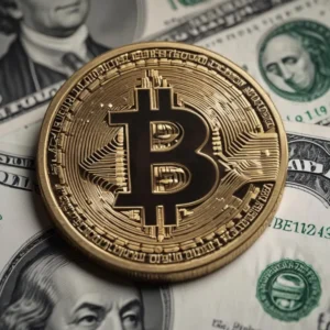 A imagem mostra dólar e bitcoin.